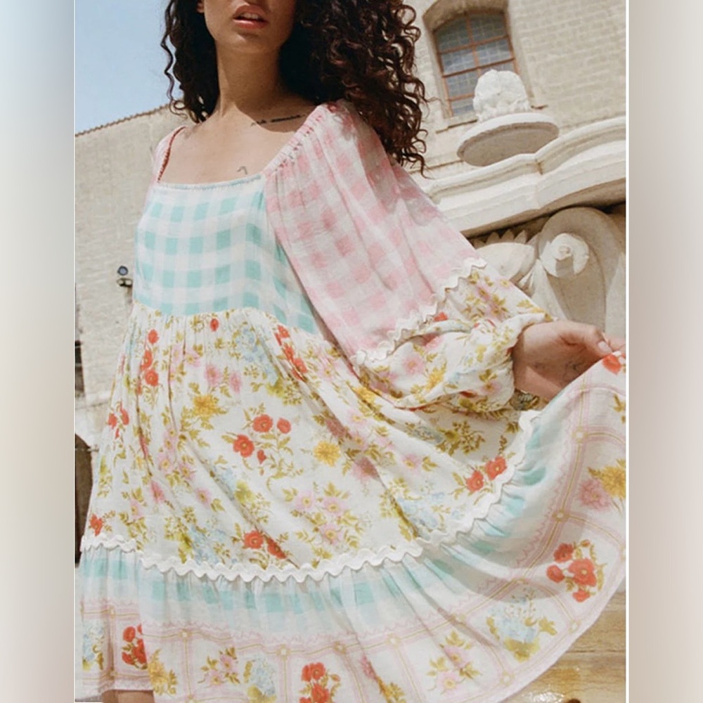 Pink Ric Rac Plaid Floral Print Patchwork Bubble Sleeve Dress, Large, Boutique - Picture 2 of 9